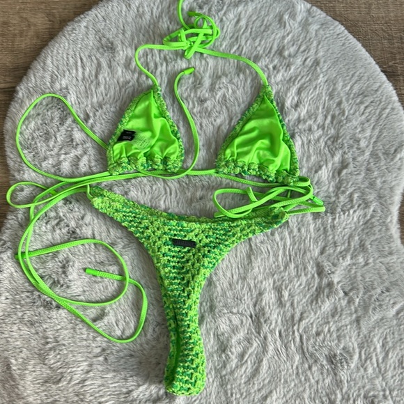 Triangl Crochet Grasse Green Thong Bikini Set S - Picture 7 of 8